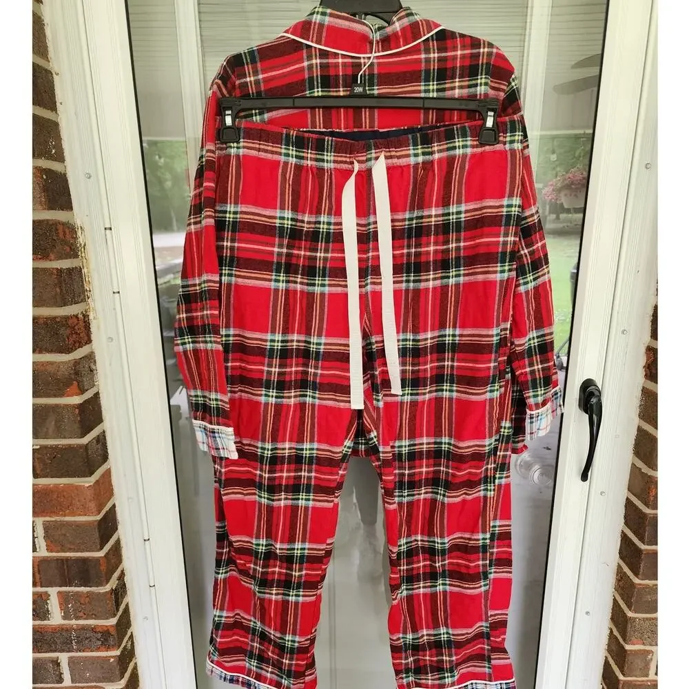 Lands' End Womens XLarge 100% Cotton Flannel Red Plaid Pajama Set Pockets